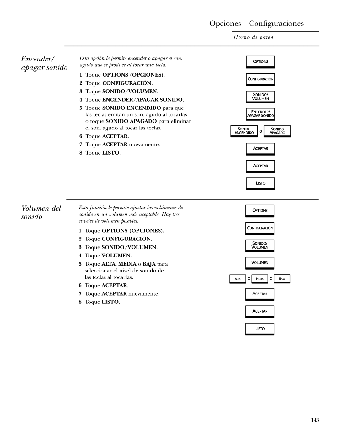 GE ZET1R, ZET2R owner manual Encender/ apagar sonido, Volumen del sonido, 143 