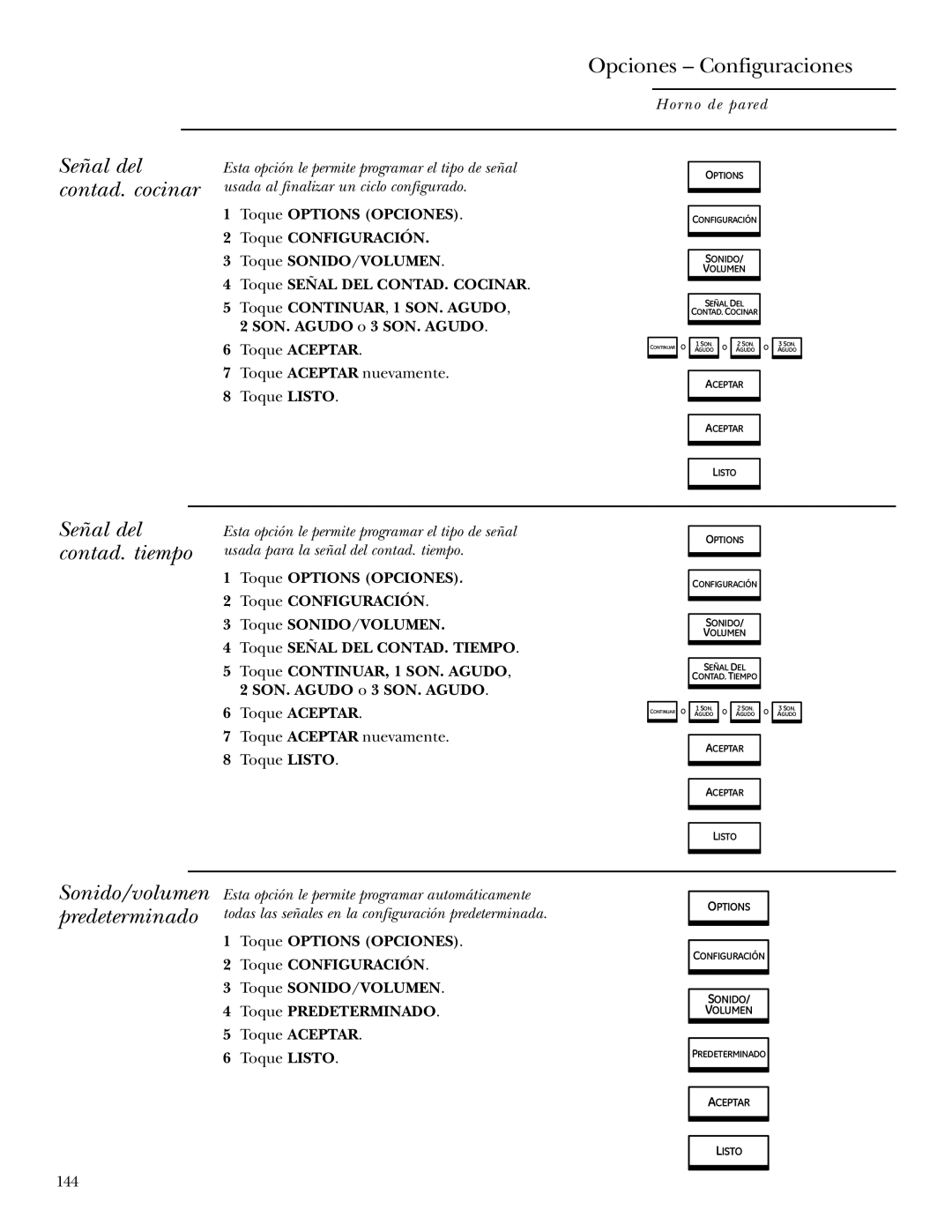 GE ZET2R, ZET1R Opciones Configuraciones, Contad. cocinar, Señal del contad. tiempo, Sonido/volumen predeterminado 