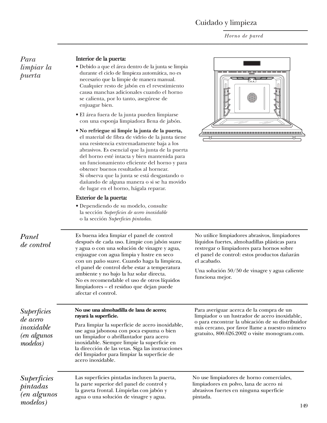 GE ZET1R, ZET2R owner manual Para limpiar la puerta, Panel De control, Superficies pintadas en algunos modelos 