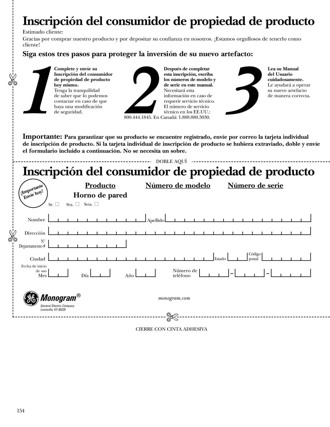 GE ZET2R, ZET1R owner manual Inscripción del consumidor de propiedad de producto, 154 