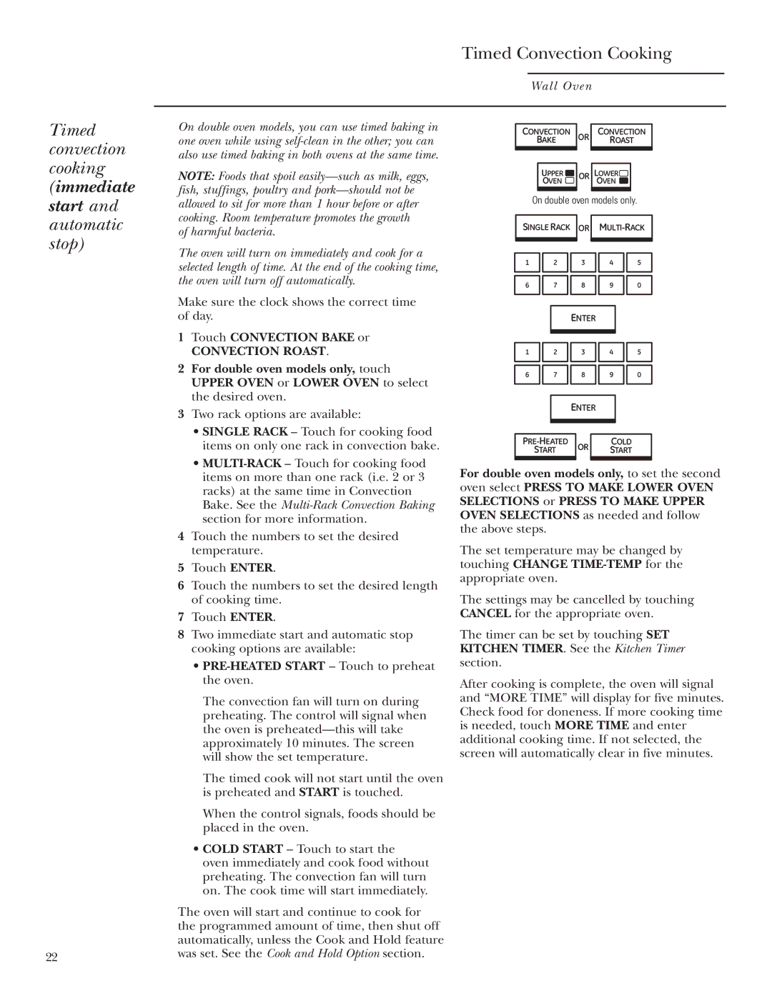 GE ZET2R, ZET1R owner manual Timed Convection Cooking, Timed convection cooking immediate start and automatic stop 