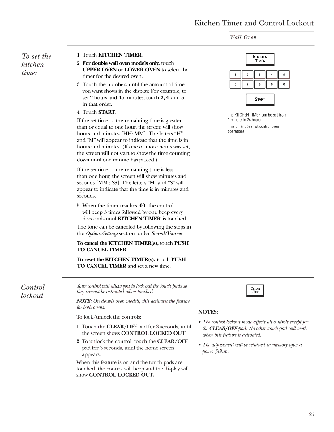 GE ZET1R, ZET2R owner manual Kitchen Timer and Control Lockout, To set the kitchen timer, Control lockout 