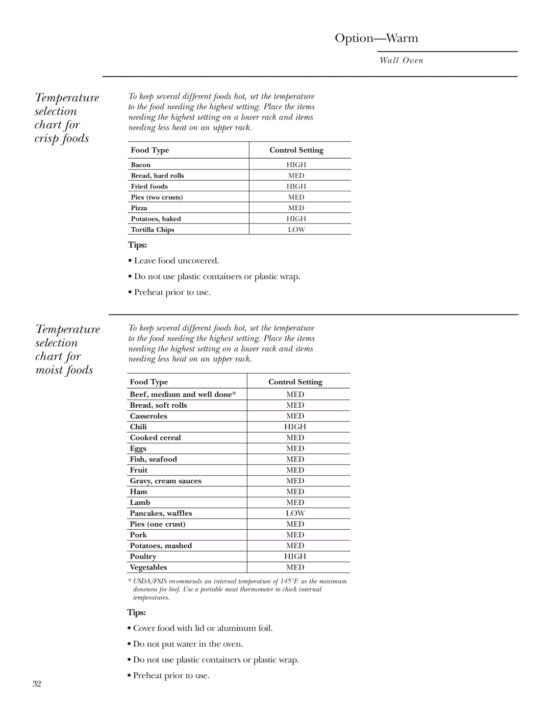 GE ZET2R, ZET1R owner manual Option-Warm, Tips 