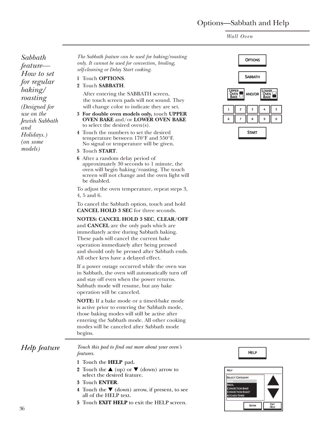 GE ZET2R, ZET1R owner manual Options-Sabbath and Help, Feature- How to set, For regular baking/ roasting, Help feature 