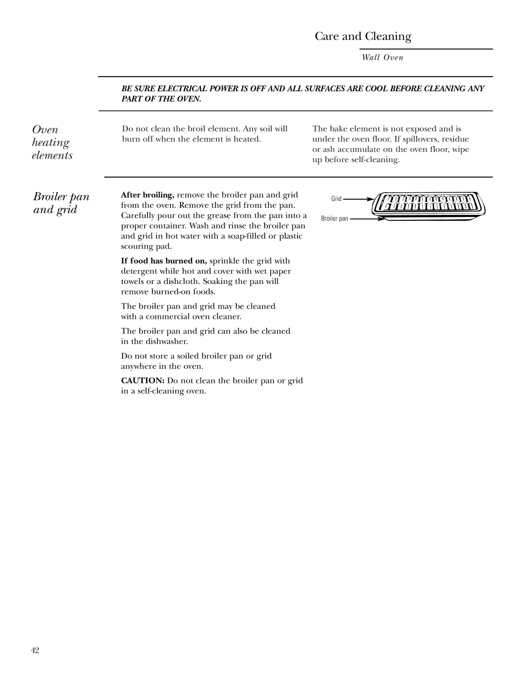 GE ZET2R Oven heating elements Broiler pan and grid, Care and Cleaning, If food has burned on, sprinkle the grid with 