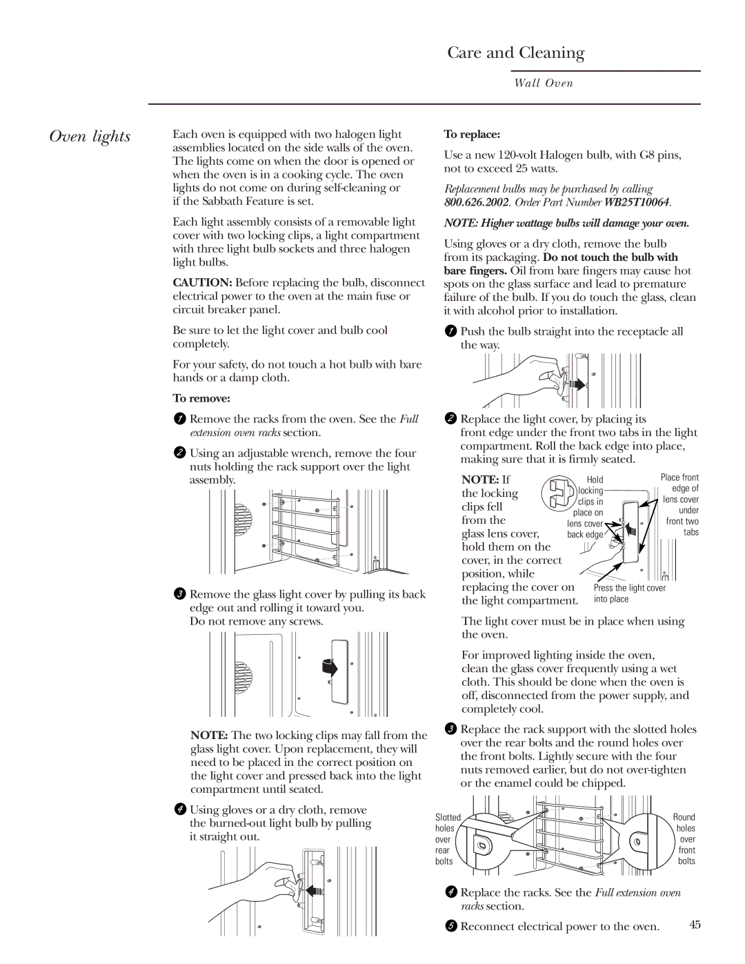 GE ZET1R, ZET2R owner manual Oven lights, To remove, To replace 