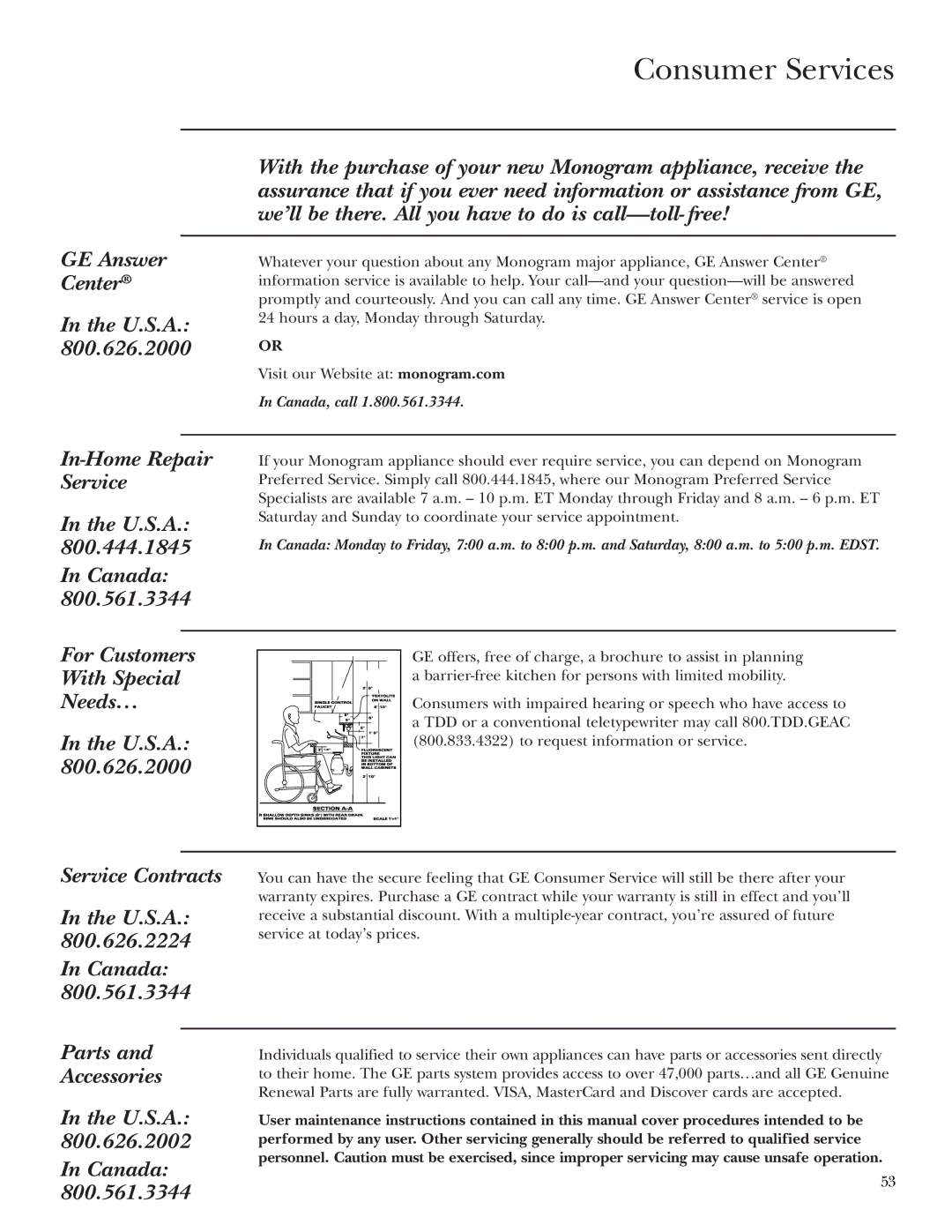 GE ZET1R, ZET2R owner manual Consumer Services, Service at today’s prices 