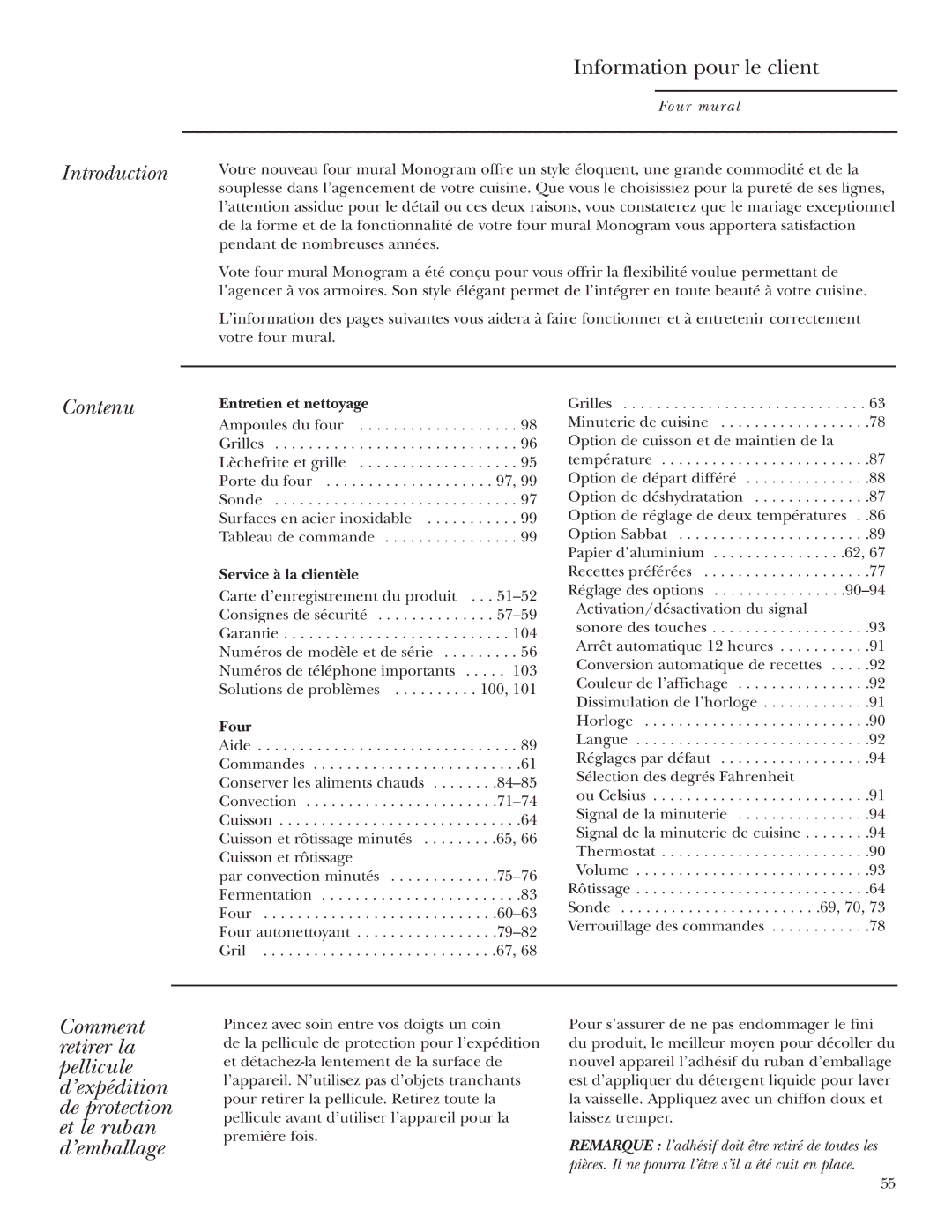 GE ZET1R, ZET2R owner manual Information pour le client, Contenu, Entretien et nettoyage, Service à la clientèle, Four 