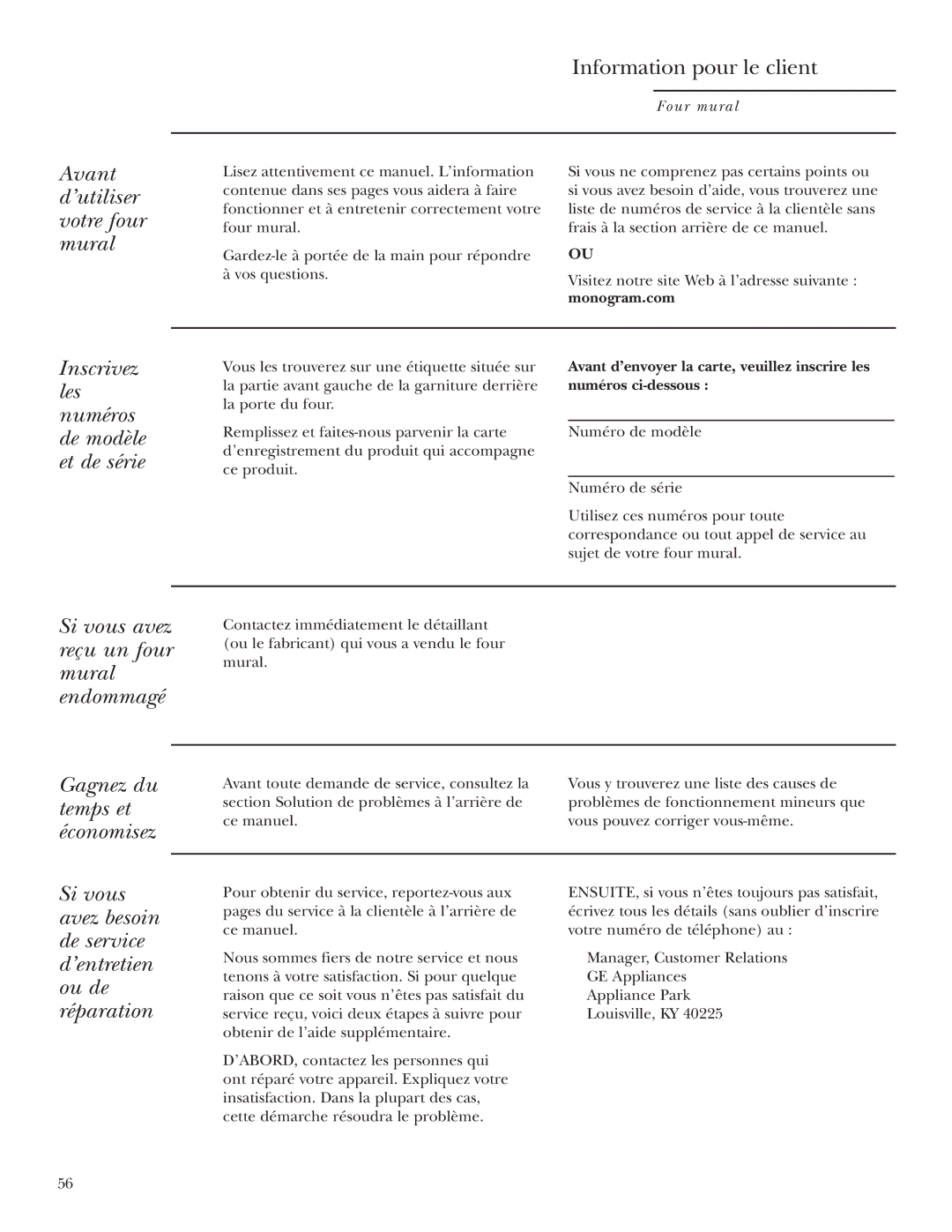 GE ZET2R Avant d’utiliser votre four mural, Inscrivez les numéros, De modèle et de série, Gagnez du temps et économisez 