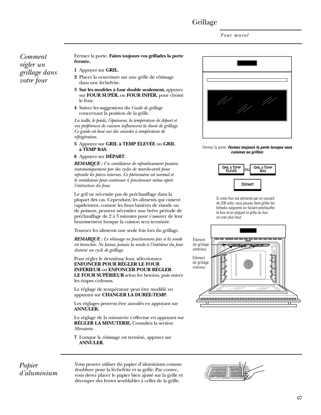 GE ZET1R, ZET2R owner manual Grillage, Papier d’aluminium, Appuyez sur Gril à Temp Élevée ou Gril à Temp BAS 