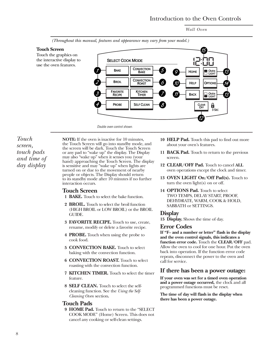 GE ZET2R, ZET1R owner manual Introduction to the Oven Controls, Touch screen, touch pads and time of day display 