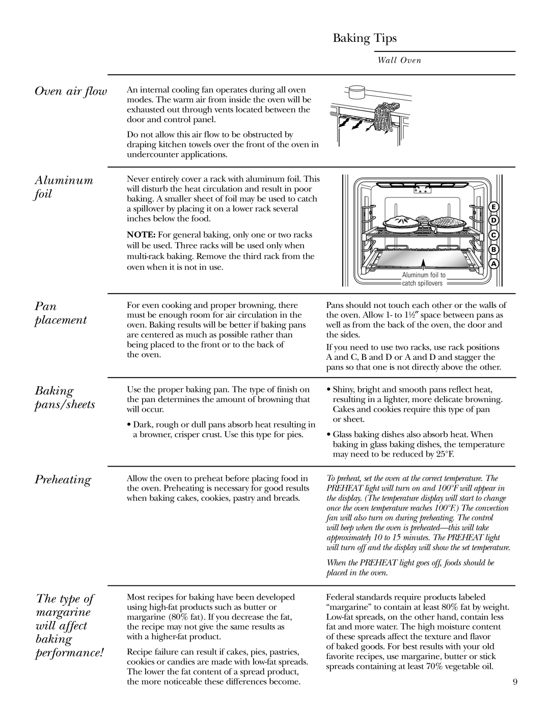 GE ZET1R, ZET2R owner manual Oven air flow Aluminum foil, Pan placement, Baking pans/sheets, Preheating 