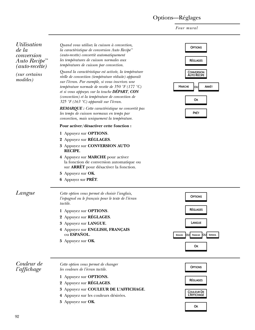 GE ZET2R, ZET1R owner manual Utilisation de la conversion Auto Recipe auto-recette, Langue, Couleur de l’affichage 