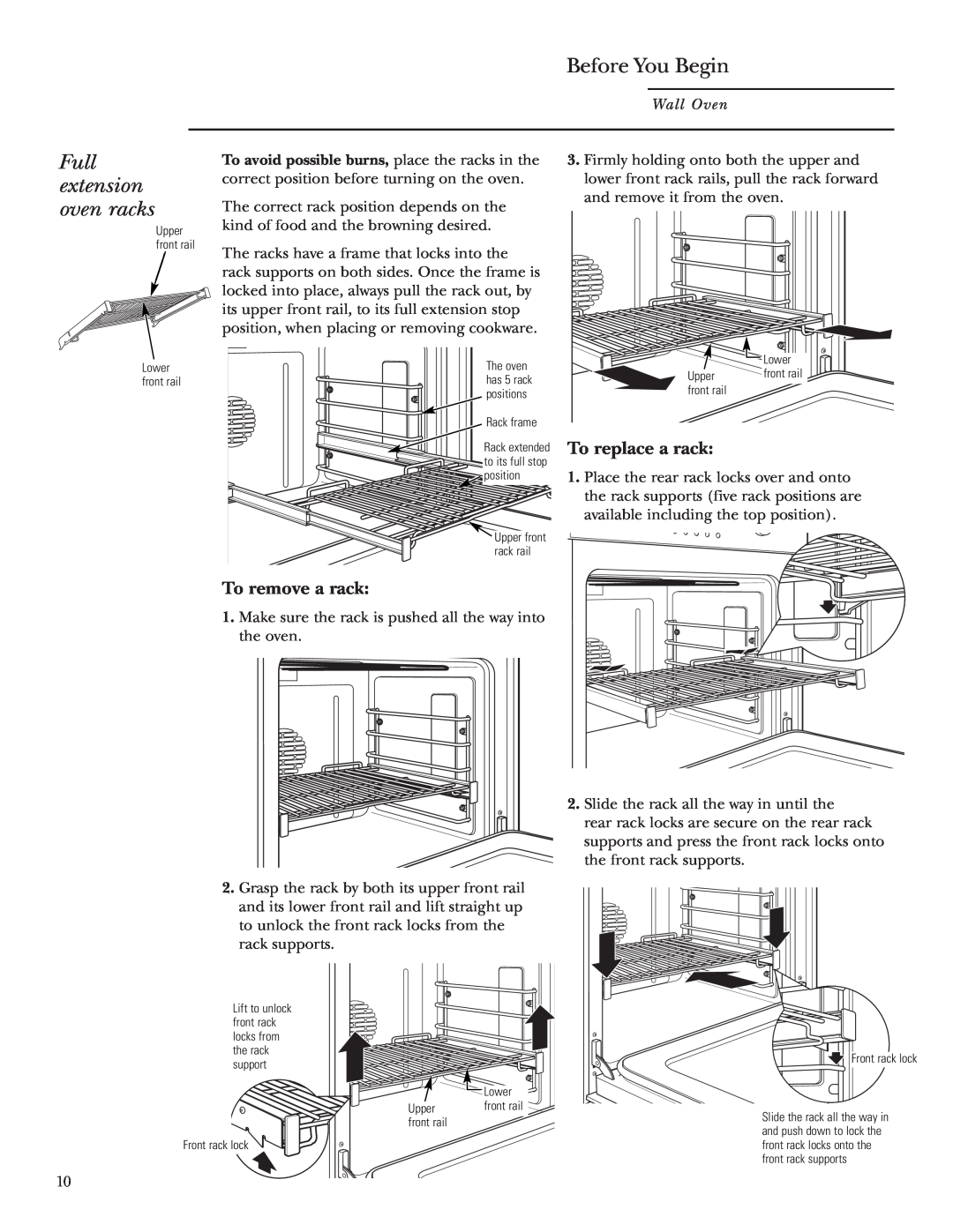 GE ZET2R, ZET1R owner manual Before You Begin, Full extension oven racks, To replace a rack, To remove a rack 