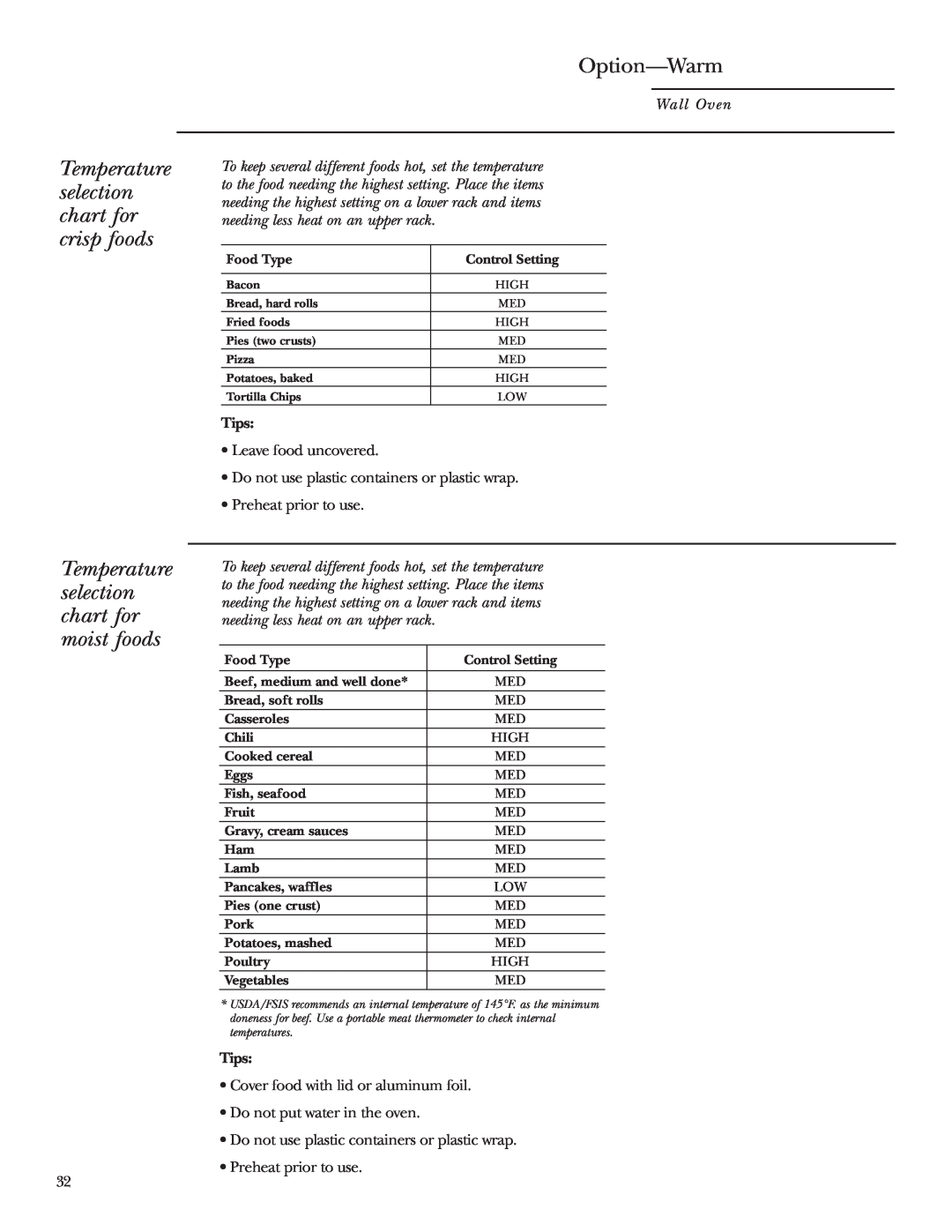 GE ZET2R, ZET1R Temperature selection chart for crisp foods, Temperature selection chart for moist foods, Option—Warm 