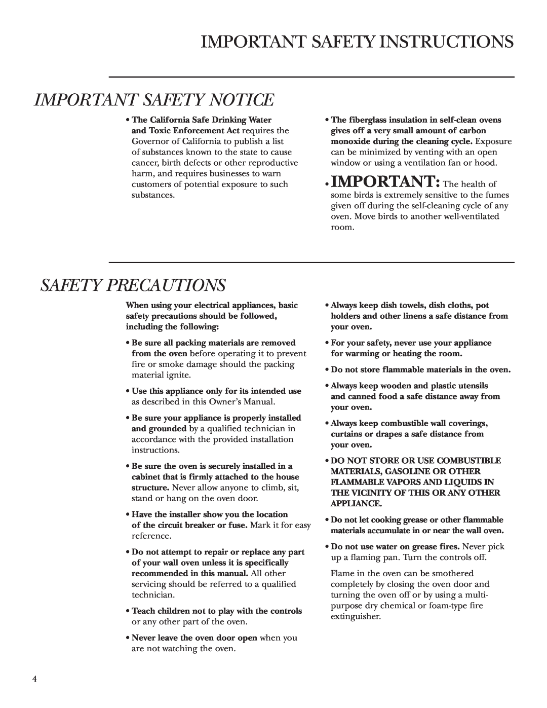 GE ZET2R, ZET1R owner manual Important Safety Instructions, Important Safety Notice, Safety Precautions 