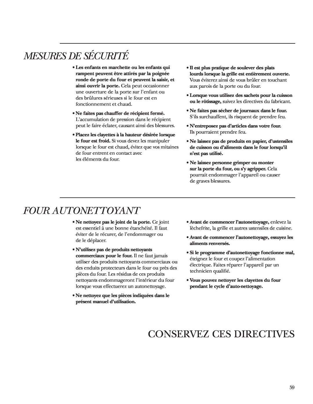 GE ZET1R, ZET2R owner manual Mesures De Sécurité, Four Autonettoyant, Conservez Ces Directives 