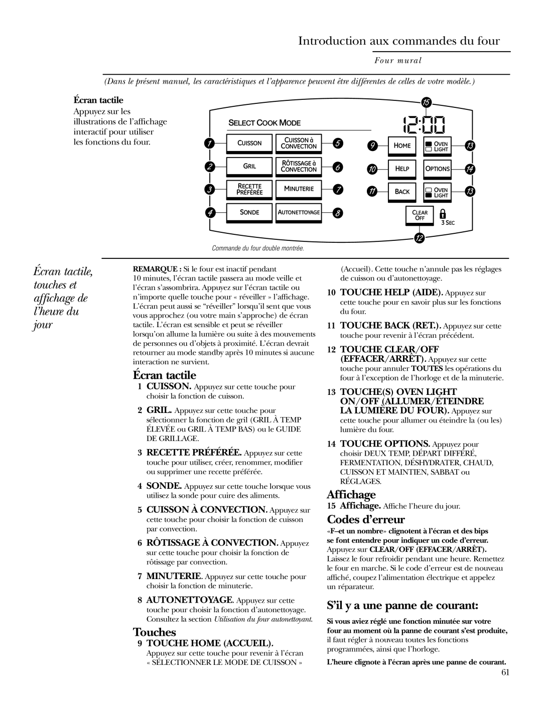 GE ZET1R, ZET2R owner manual Introduction aux commandes du four, Écran tactile, Touches, Affichage, Codes d’erreur 
