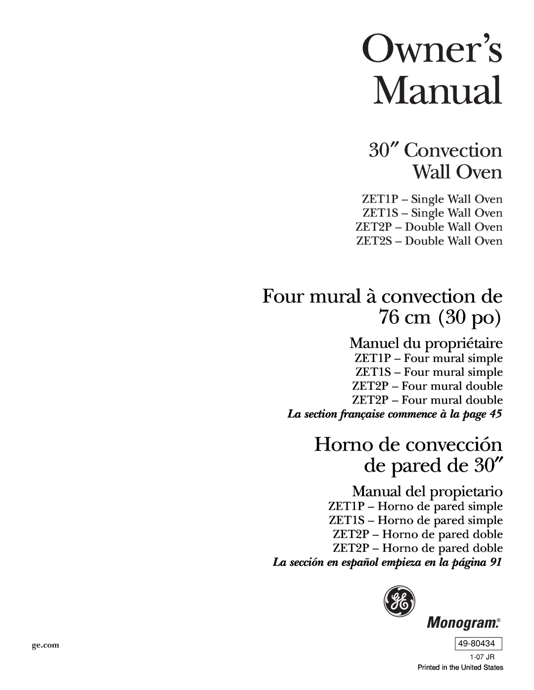 GE ZET1S owner manual La section française commence à la page, La sección en español empieza en la página, Owner’s Manual 