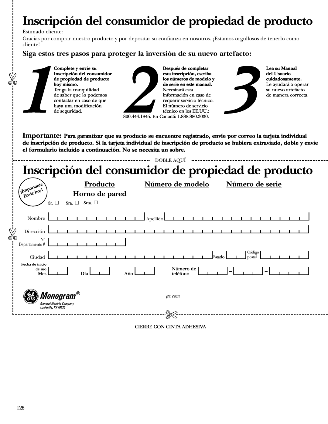 GE ZET2P Inscripción del consumidor de propiedad de producto, Producto, Número de modelo, Número de serie, Horno de pared 