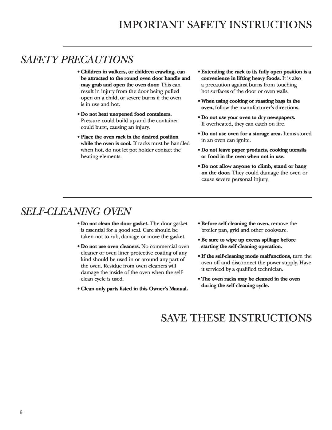 GE ZET2P, ZET2S, ZET1S, ZET1P Self-Cleaning Oven, Save These Instructions, Important Safety Instructions, Safety Precautions 