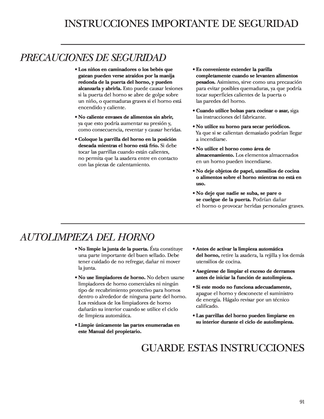 GE ZET1P, ZET2S, ZET1S, ZET2P Autolimpieza Del Horno, Guarde Estas Instrucciones, Instrucciones Importante De Seguridad 