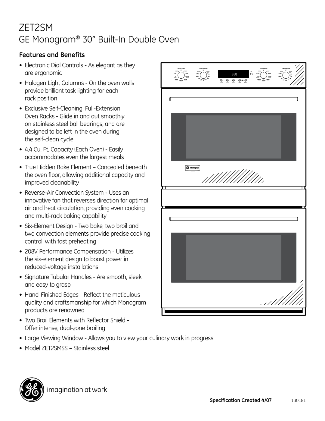 GE ZET2SMSS dimensions Features and Benefits, Electronic Dial Controls As elegant as they are ergonomic 