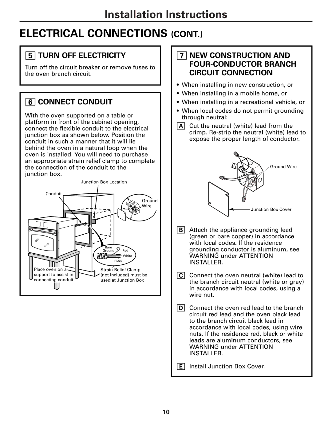 GE JT980, ZET3038, ZET3058, JT930 warranty Electrical Connections, Turn OFF Electricity, Connect Conduit 