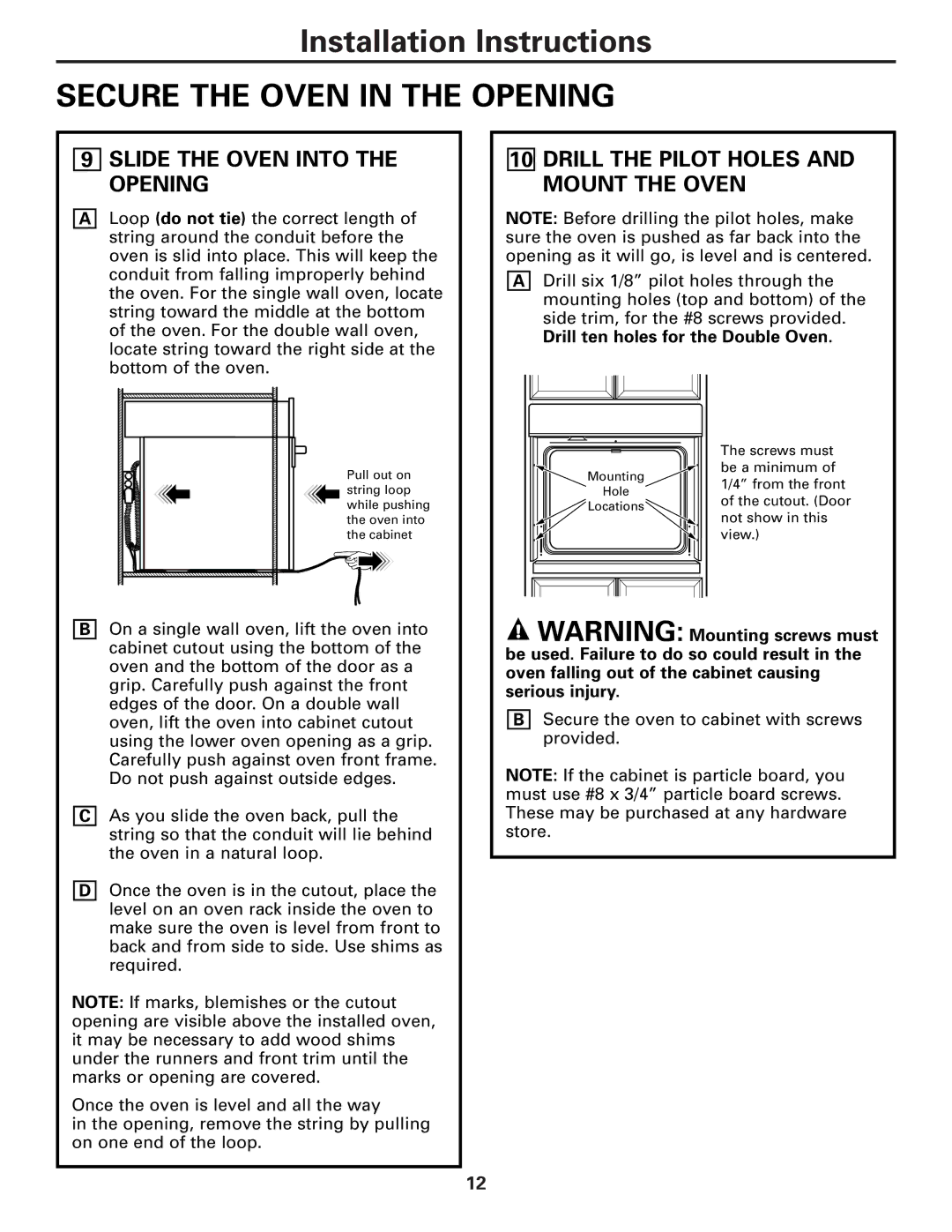 GE ZET3038 Secure the Oven in the Opening, Slide the Oven Into the Opening, Drill the Pilot Holes and Mount the Oven 