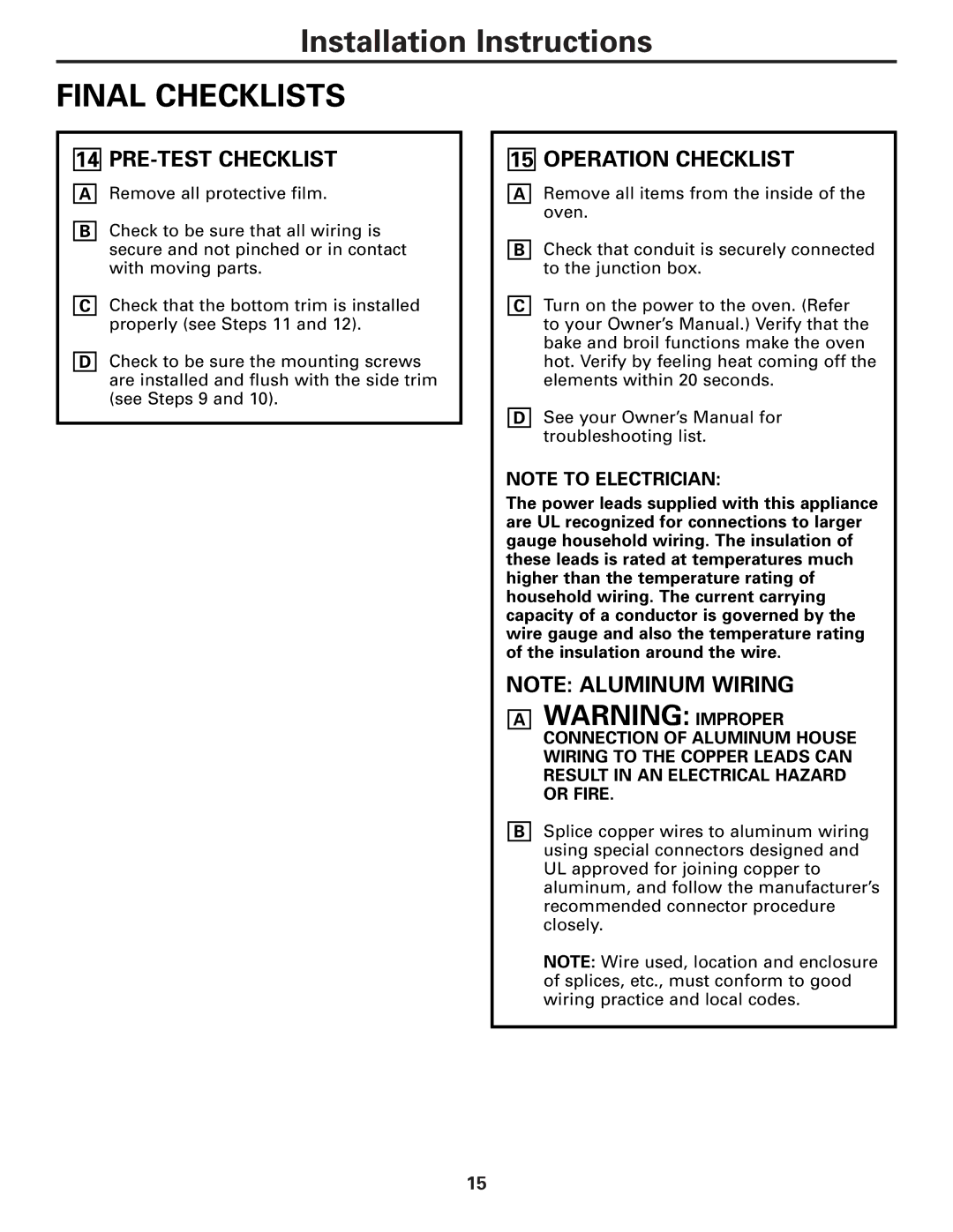 GE JT930, ZET3038, ZET3058, JT980 warranty Final Checklists, PRE-TEST Checklist, Operation Checklist 