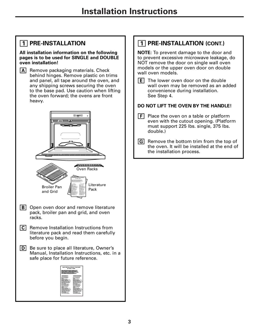 GE JT930, ZET3038, ZET3058, JT980 warranty Pre-Installation, Do not Lift the Oven by the Handle 