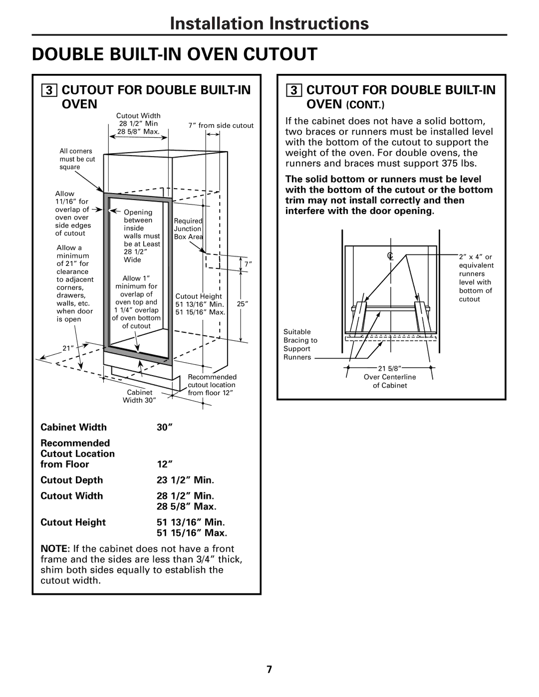 GE JT930, ZET3038, ZET3058, JT980 warranty Double BUILT-IN Oven Cutout, Cutout for Double BUILT-IN Oven 