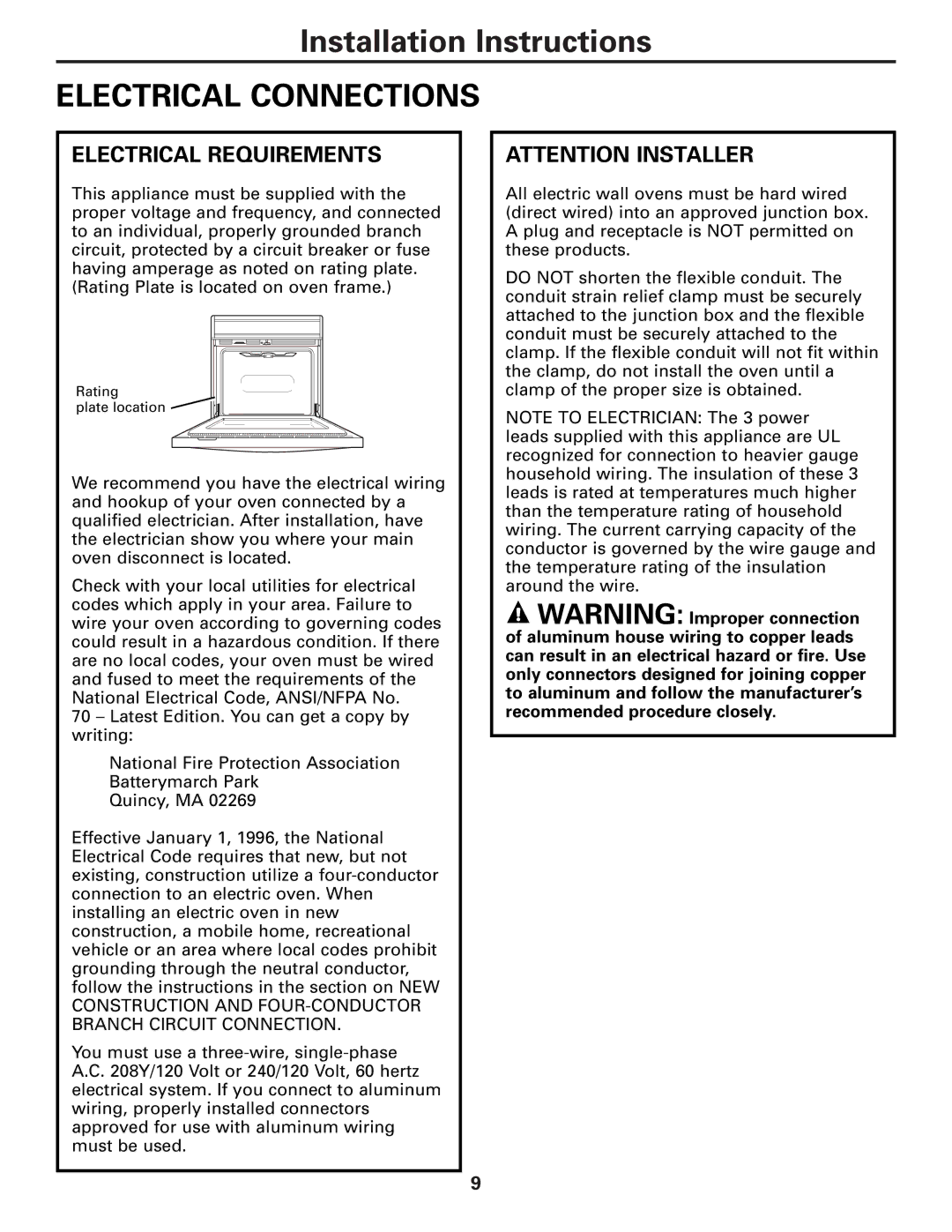 GE ZET3058, ZET3038, JT980, JT930 warranty Electrical Connections, Electrical Requirements 