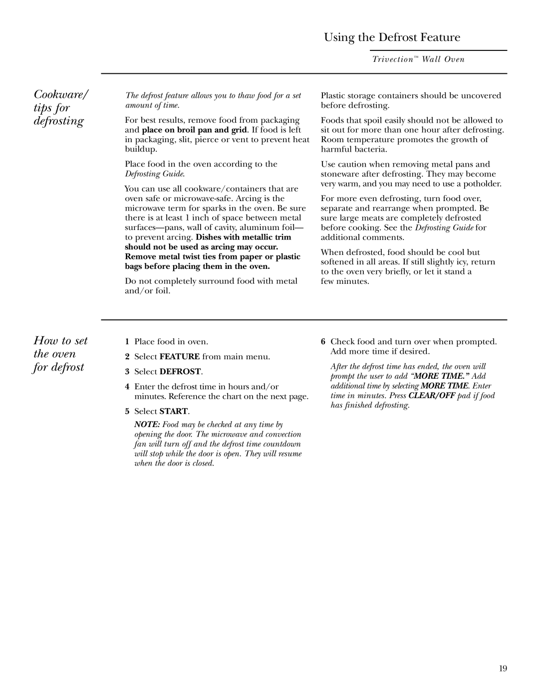 GE ZET3058, ZET3038 owner manual Using the Defrost Feature, Cookware/ tips for defrosting, How to set the oven for defrost 