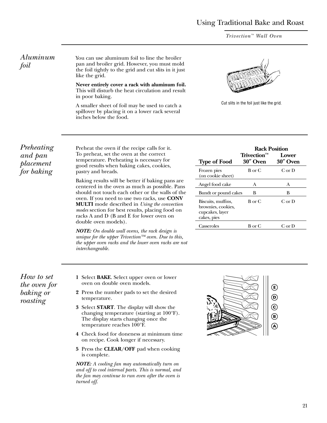 GE ZET3058, ZET3038 owner manual Aluminum foil, Using Traditional Bake and Roast, Preheating and pan placement for baking 