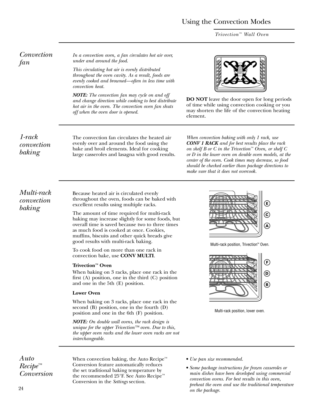 GE ZET3038, ZET3058 Using the Convection Modes, Convection fan, Rack convection baking, Multi-rack convection baking 