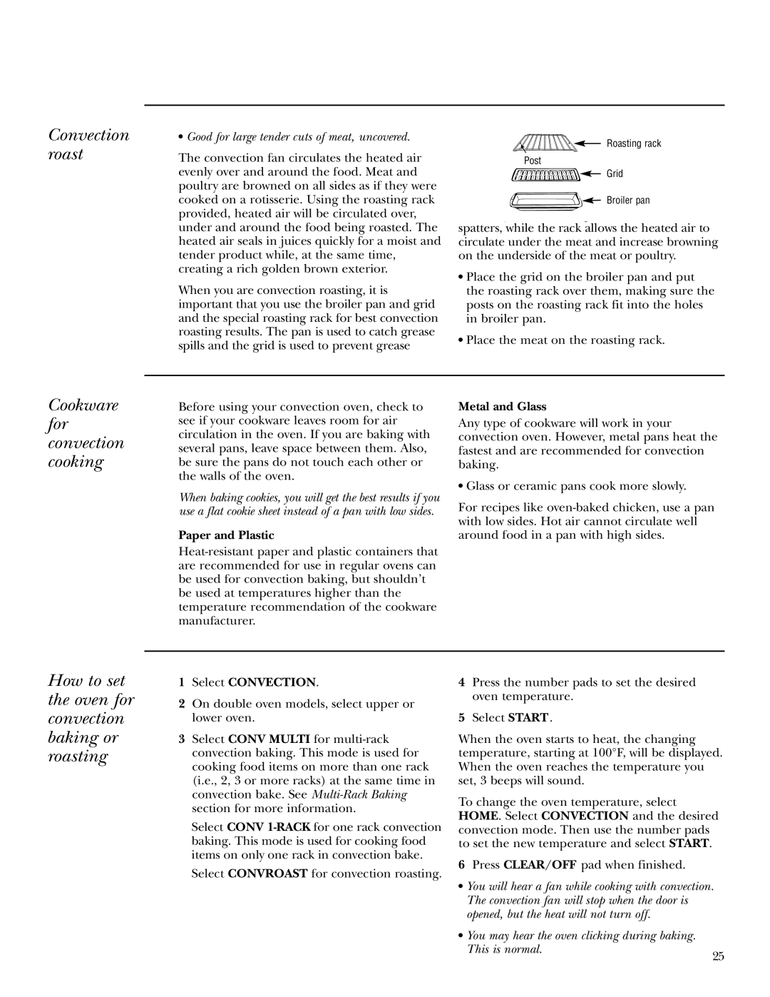 GE ZET3058 Cookware for convection cooking, How to set the oven for convection baking or roasting, Paper and Plastic 