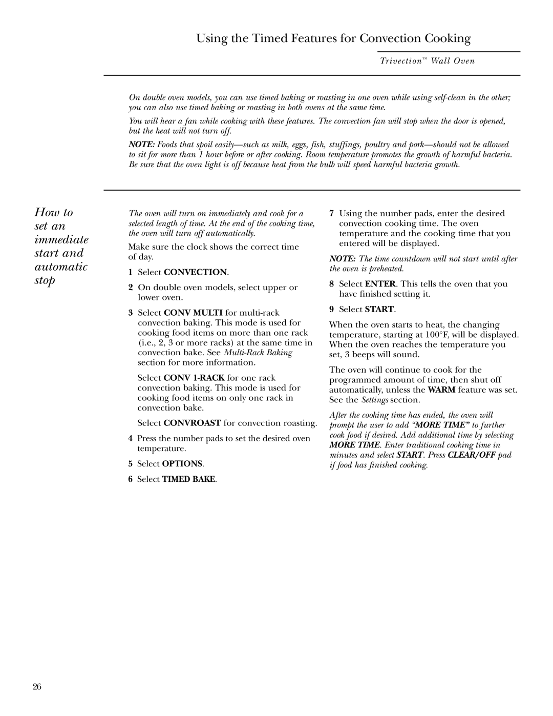 GE ZET3038, ZET3058 Using the Timed Features for Convection Cooking, How to set an immediate start and automatic stop 