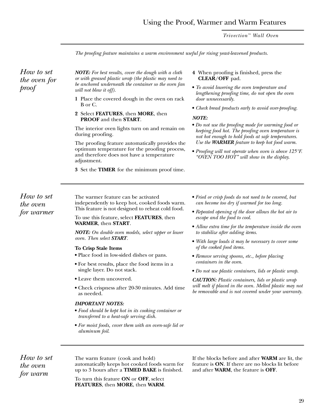 GE ZET3058 Using the Proof, Warmer and Warm Features, How to set the oven for proof, How to set the oven for warmer 
