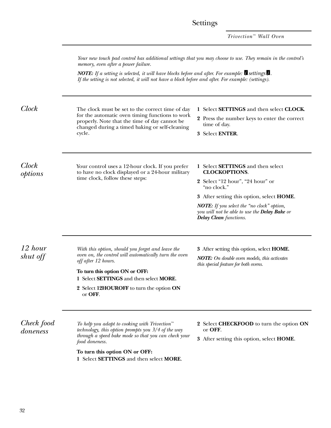 GE ZET3038, ZET3058 owner manual Settings, Clock options, Hour shut off, Check food doneness 