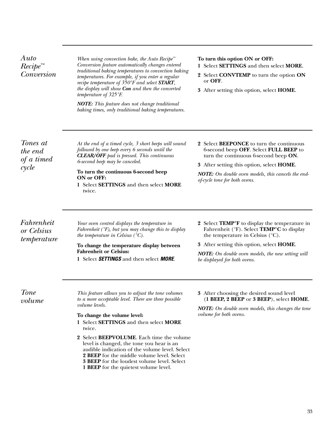 GE ZET3058, ZET3038 owner manual Tones at the end of a timed cycle, Fahrenheit or Celsius temperature, Tone volume 