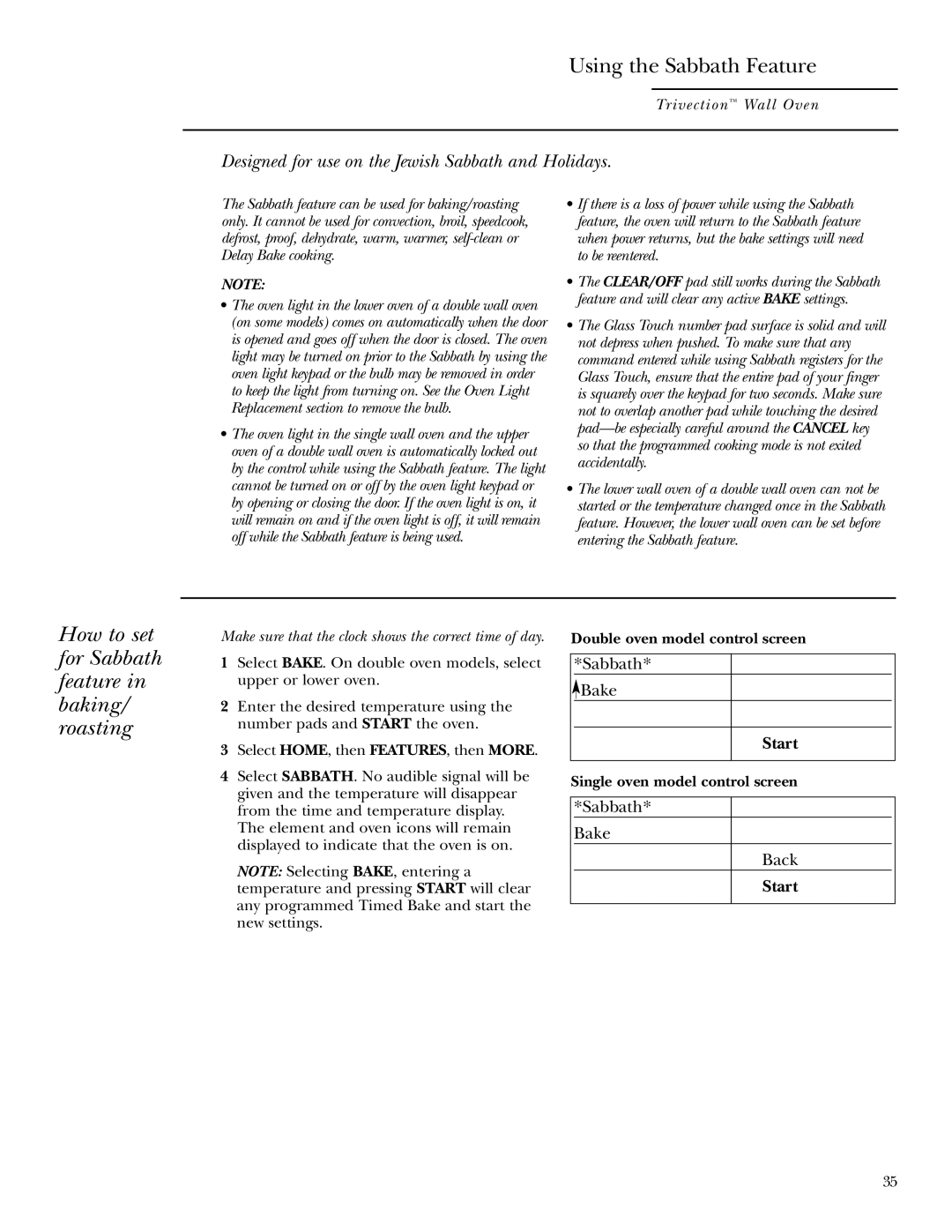 GE ZET3058 Using the Sabbath Feature, How to set for Sabbath feature in baking/ roasting, Double oven model control screen 