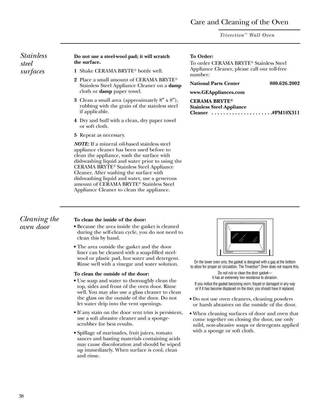 GE ZET3038, ZET3058 owner manual Stainless steel surfaces, Cleaning the oven door 