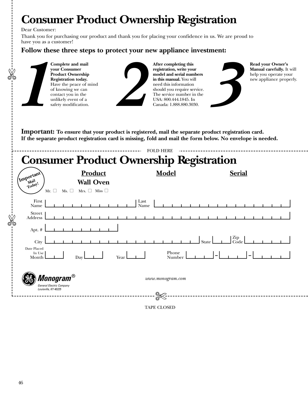 GE ZET3038, ZET3058 owner manual Consumer Product Ownership Registration 