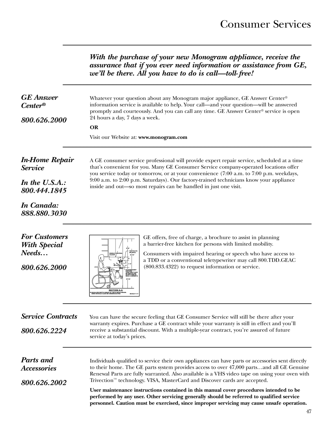 GE ZET3058, ZET3038 owner manual Consumer Services 