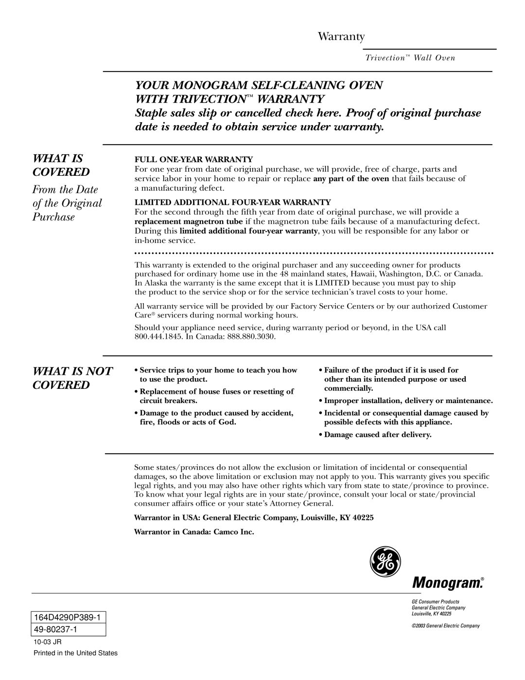 GE ZET3038, ZET3058 owner manual From the Date Original Purchase, Warranty 