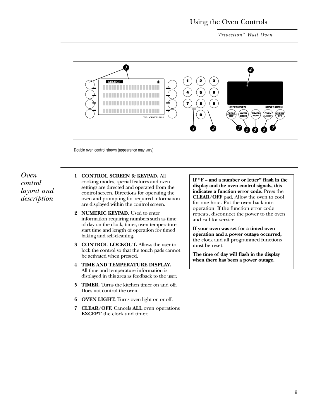 GE ZET3058, ZET3038 owner manual Using the Oven Controls, Oven control layout and description 