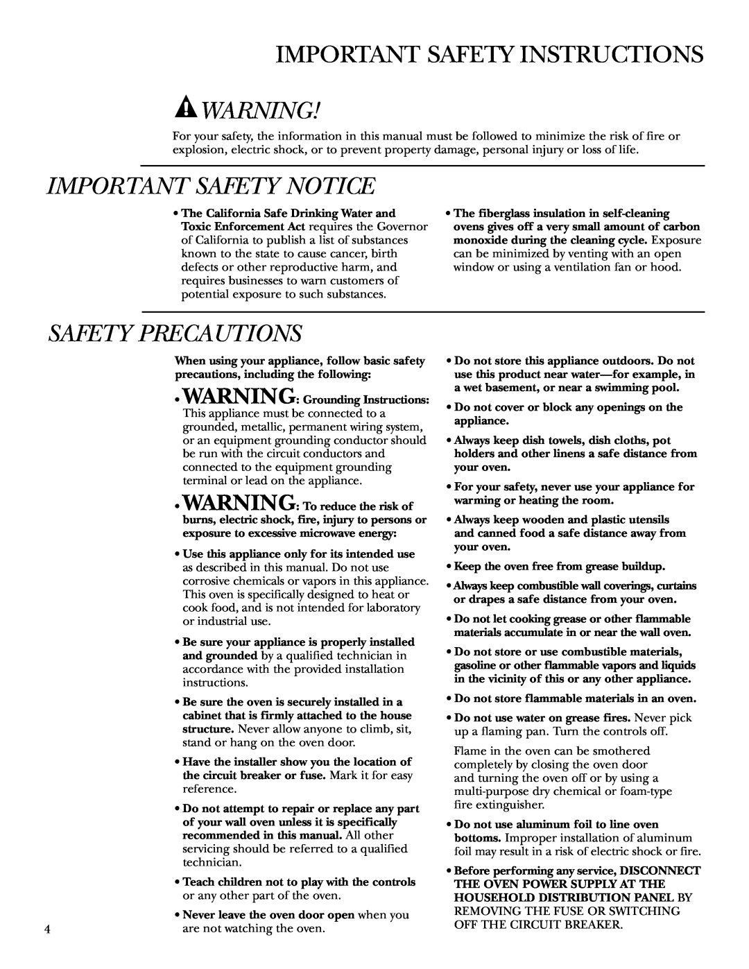 GE ZET3038 Important Safety Instructions, Important Safety Notice, Safety Precautions, WARNING Grounding Instructions 
