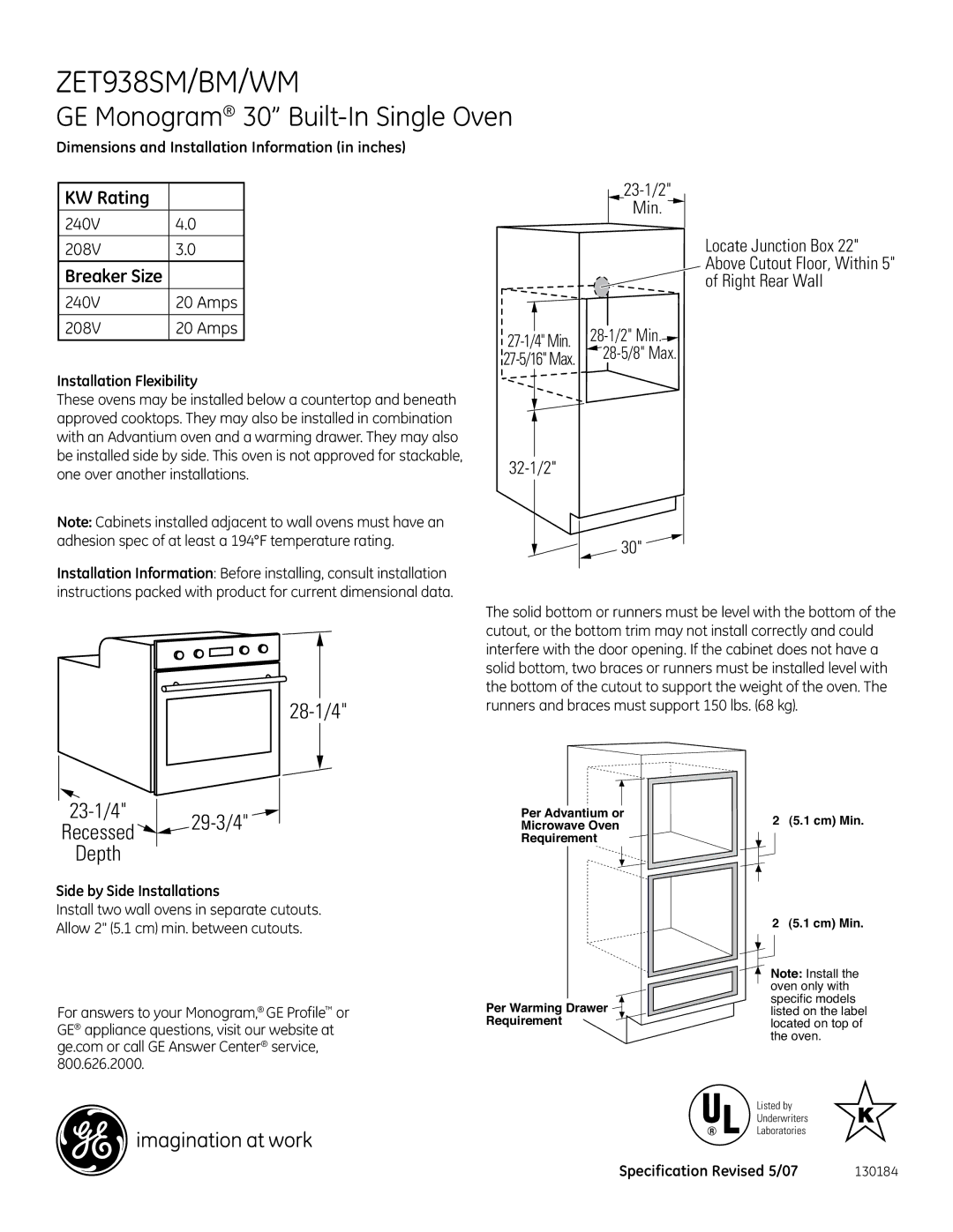 GE ZET938SM, ZET938BM, ZET938WM installation instructions 28-1/4, 23-1/4 29-3/4 Recessed Depth 