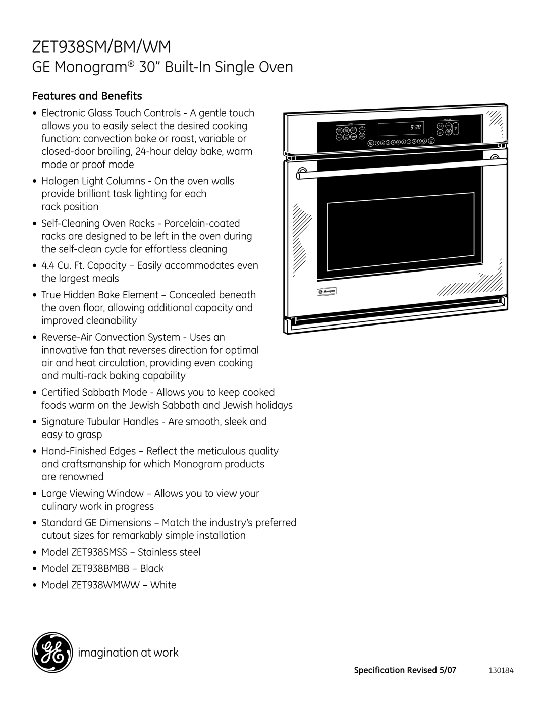 GE ZET938WM, ZET938BM, ZET938SM installation instructions Features and Benefits 